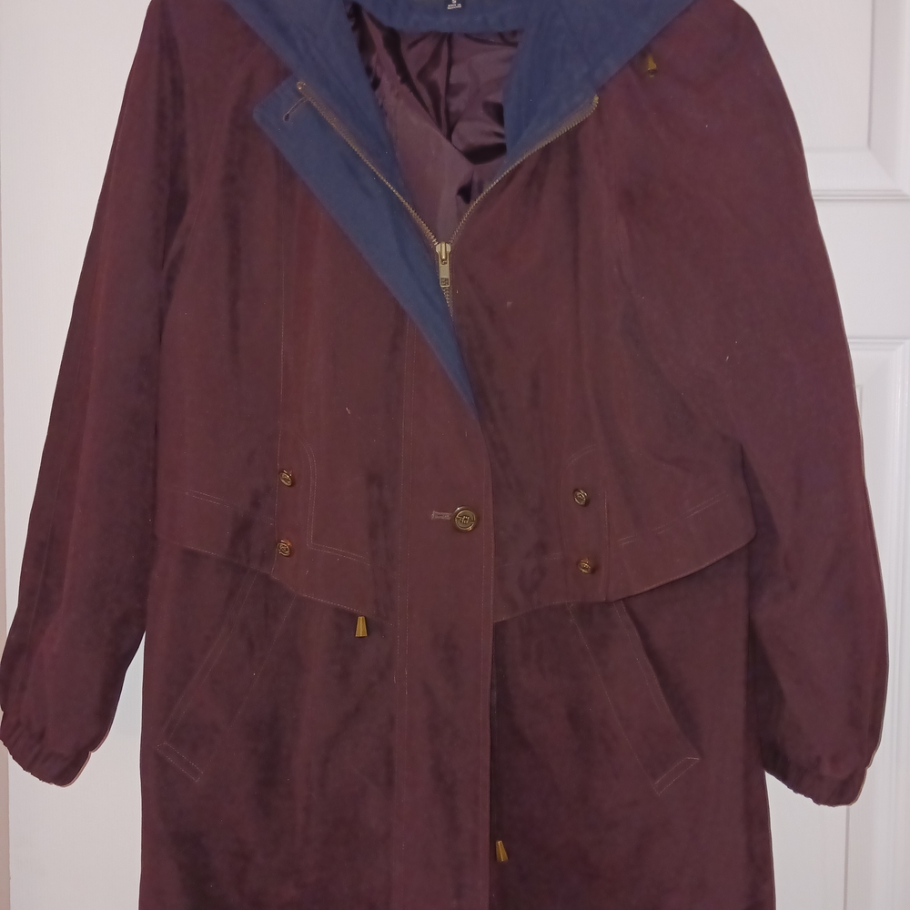 Women’s Burgundy Trench Coat with Navy Hood